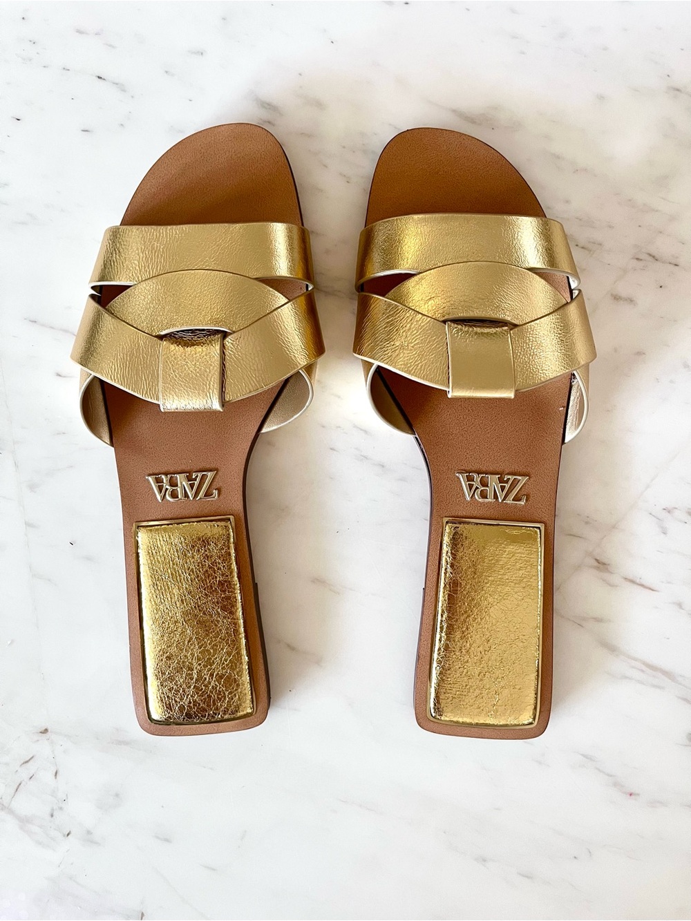 Zara Gold Metallic Woven Slide Sandals | Square Toe | EU 39 / ~US 8 / NWOT